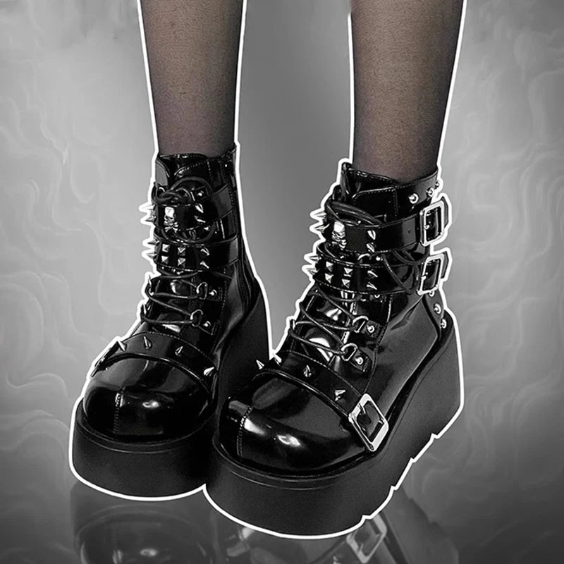 Punk Chunky Platform Ankle Boots Women Spring Autumn Patent Leather Black Boots Woman Metal Buckle Lolita Gothic Shoes Mujer