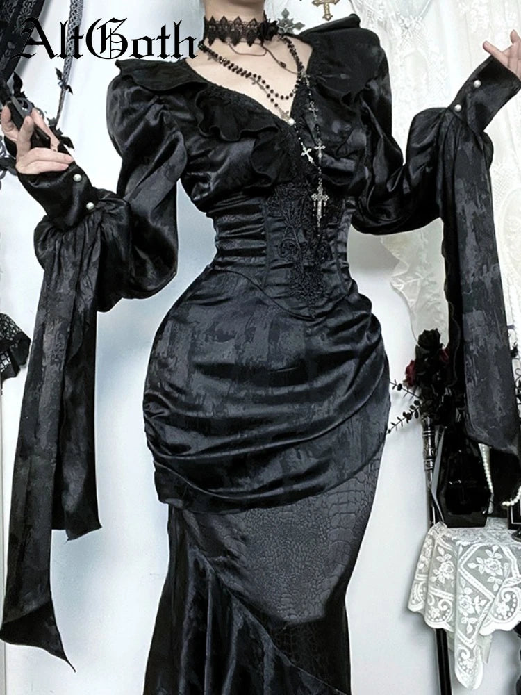 AltGoth Vintage Gothic Black Shirts Women Palace Style Streetwear Y2k E-girl Harajuku V-neck Ruffle Long Sleeve Bluose Cosplay