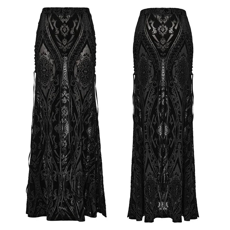 PUNK RAVE Women's Gothic Gorgeous Pattern Patterned Flocked Mesh Skirt Lace Vintage Black Long Skirts Women Clothing Coven Couture Collective