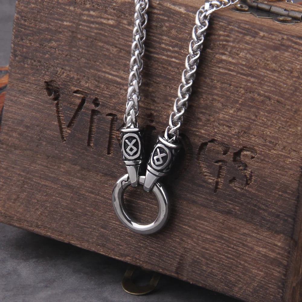 Nordic Viking Rune Pendant Necklace with Open round Clasp Stainless Steel Chain for Men Wood Box Included