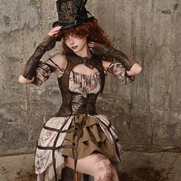 Blood Supply Summer Vintage Hollow Out All Match Brown Faux Leather Tank Birdcage Gothic Punk Lace-up Sleeveless Jacket Top