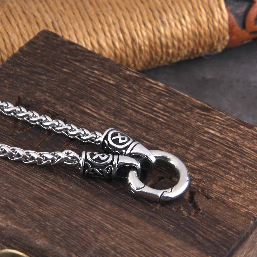Nordic Viking Rune Pendant Necklace with Open round Clasp Stainless Steel Chain for Men Wood Box Included