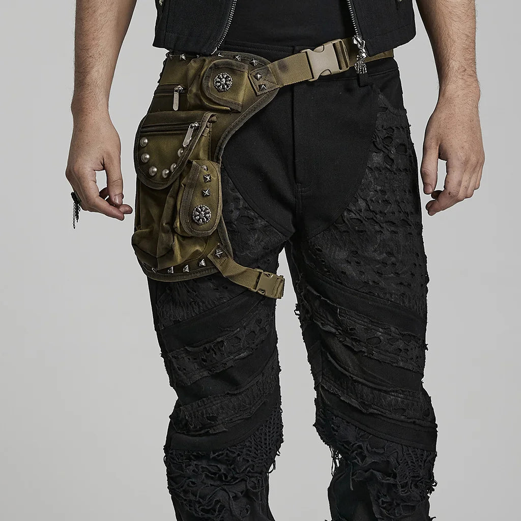 PUNK RAVE Men's Punk Doomsday Irregular Shape Rivets Personalized Bag Webbing Can Adjust Tightness Men Accessories