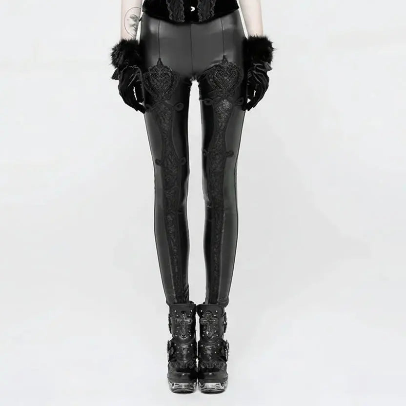 PUNK RAVE Gothic Elastic Waistband Flowers Embroidery Leather Leggings Vintage Embossed Mesh Coven Couture Collective