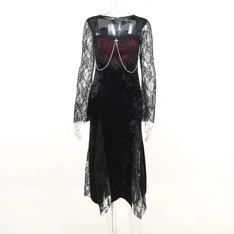 Goth Dark Elegant Mall Gothic Women Evening Dresses Grunge Aesthetic E-girl Velvet Midi Dress Lace Splice Sexy Split Alt Outfits
