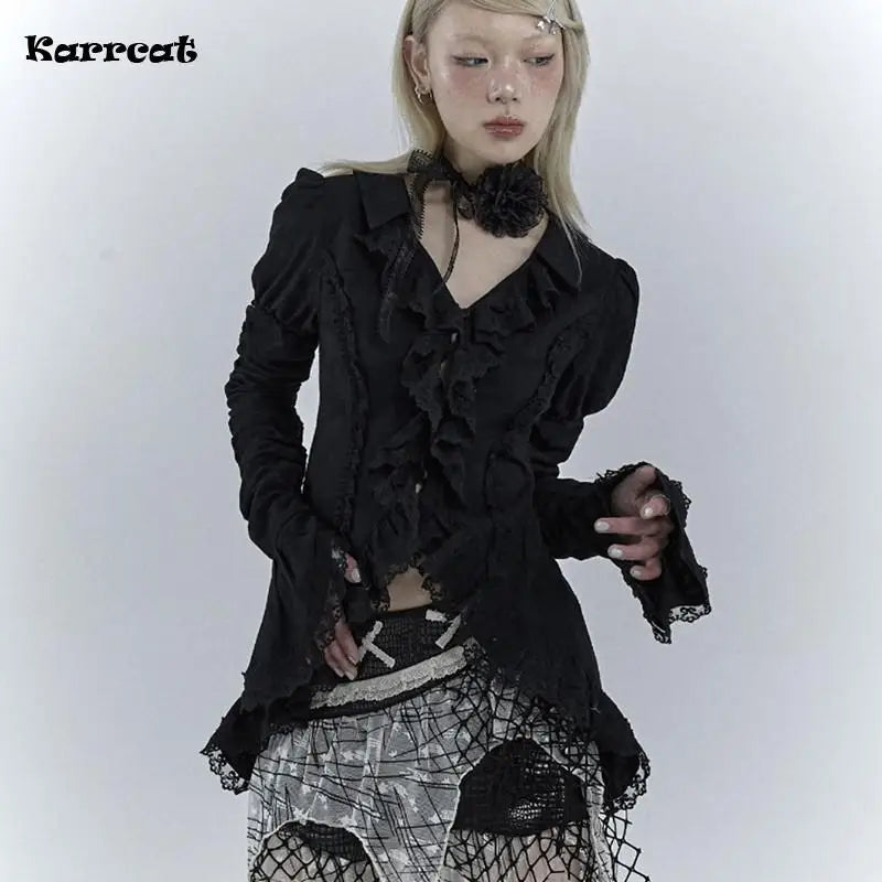 Karrcat Gothic Black Lace Shirt Dark Aesthetic Irregular Blouses Yamamoto Style Grunge Flare Sleeve V-neck Shirt Vintage Y2k Emo
