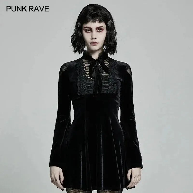 PUNK RAVE Women's Gothic Daily Dress Gorgeous Retro Knitted Velvet Lace-up Lace Collar Micro-horn Cuffs Party Dinner Dresses Coven Couture Collective