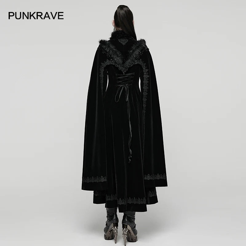 PUNK RAVE Women's Gothic Gorgeous Splendor Weft Velveteen Tassel Cloak Coat Mysterious Elegant Adjustable Drawstring Long Cape