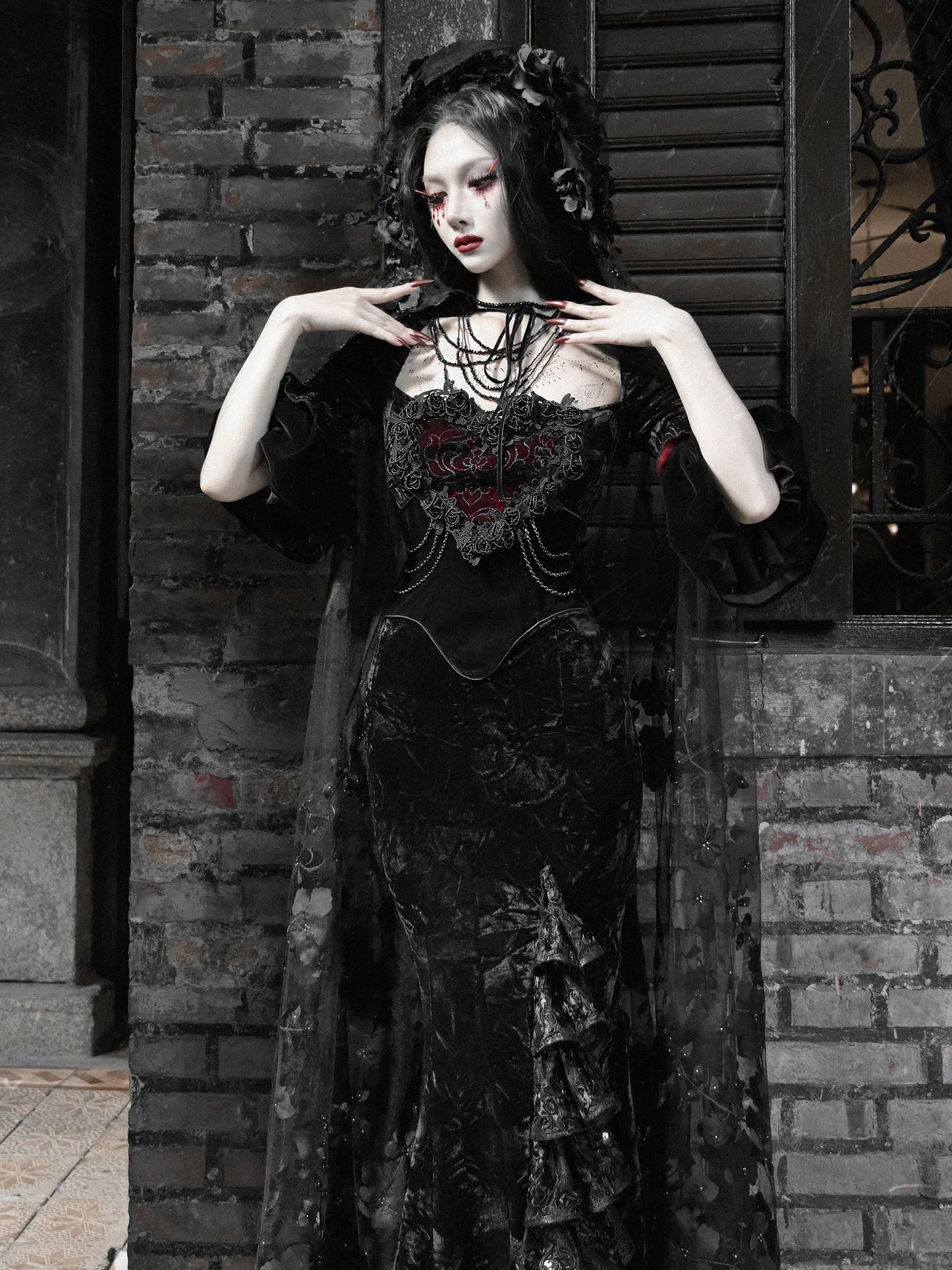 Blood Supply Original Design Bloody Red Black Gothic Velvet Tube Strapless Dress Trumpet Long Slim Party Vestido Halloween
