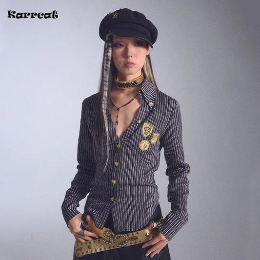 Karrcat Grunge Aesthetics Gold Foil Print Shirt Vintage Y2k V-neck Striped Shirt