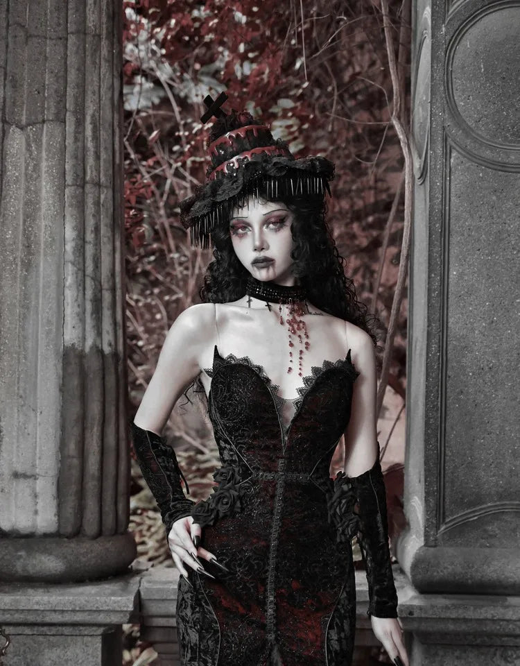 Blood Supply Original Design Vampire Black Red Dress Lace Patch Gothic Velvet Trumpet Sleeveless Sexy X-Long Dress Halloween