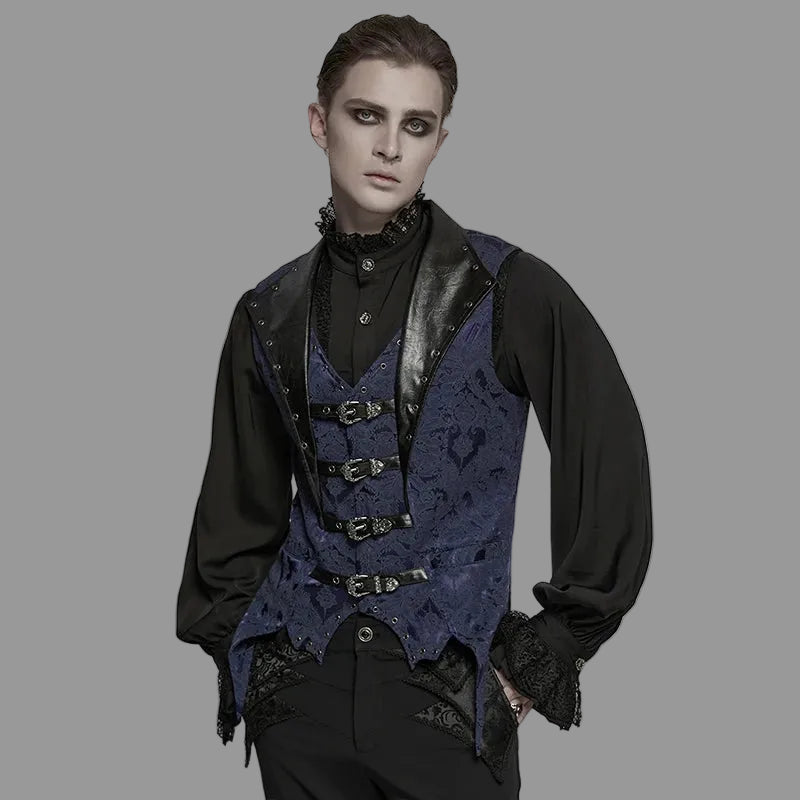 PUNK RAVE Men's Gothic Gorgeous Nobility Jacquard Lapel Textured Leather Vest Bat Shaped Hem Power Sense Waistcoat Coven Couture Collective