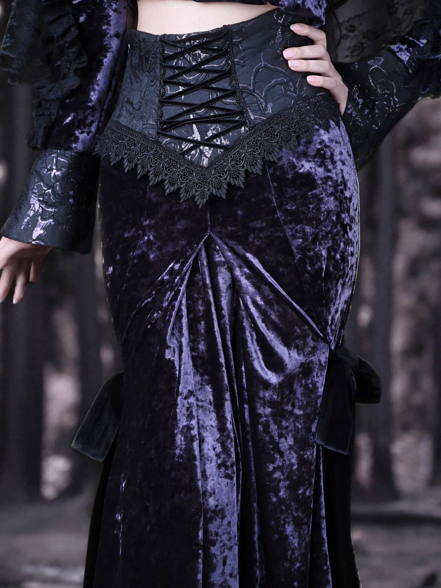 Blood Supply New Purple Velvet Slim-fit Lace-up Fishtail Skirt Gothic Lace Party Halloween Trumpet Long Skirt for Women 2023