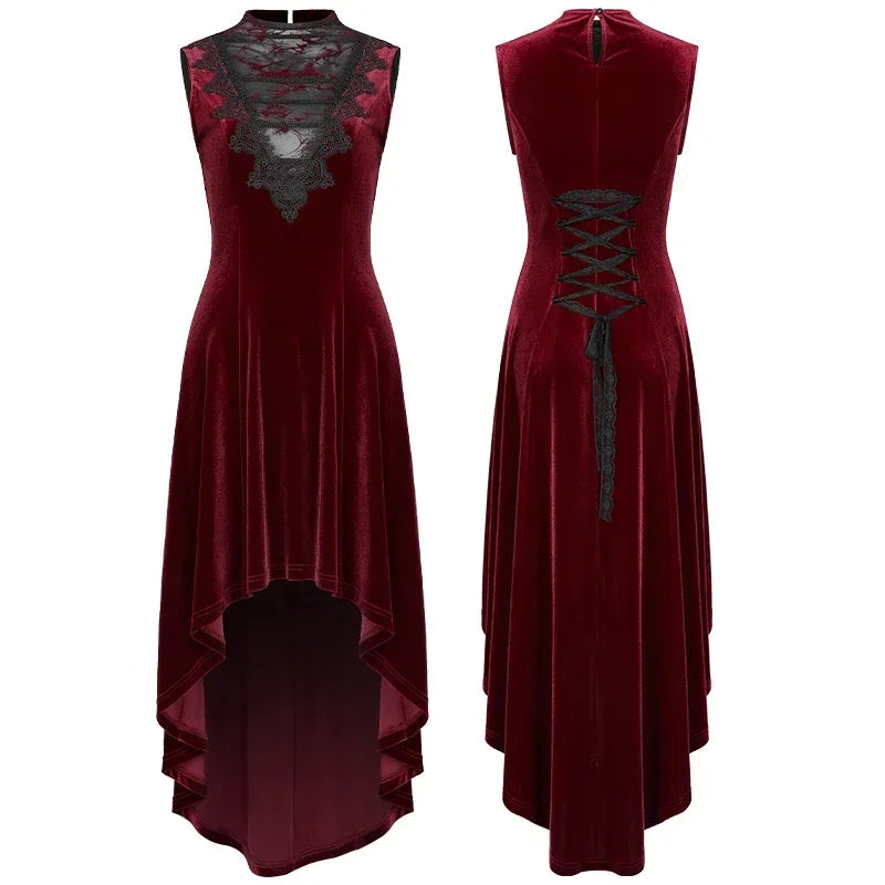 PUNK RAVE Women's Velvet Gothic Gorgeous Retro Irregular Hem Sleeveless Dress in Black or Red