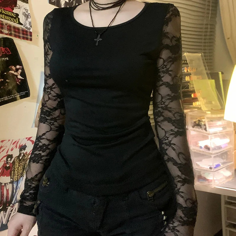 Goth Dark Mall Goth Solid Lace Patchwork Long Sleeve T-shirts Cyber Y2K O-neck Sheer Back Slim Tops Women Techwear Basic T-shirt