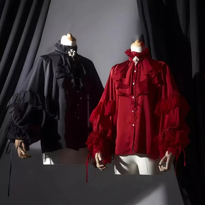 Lolita Gothic Dark Academia Clothes Loose Long Sleeve Shirt Women Stand Collar Ruffles Patchwork Blusas De Mujer