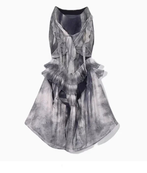 Blood Supply Original Design Goth Chiffon Tie-dye Old Lantern Sleeve Shirt Sexy Fishtail Skirt Two Piece Sets Womens Outifits