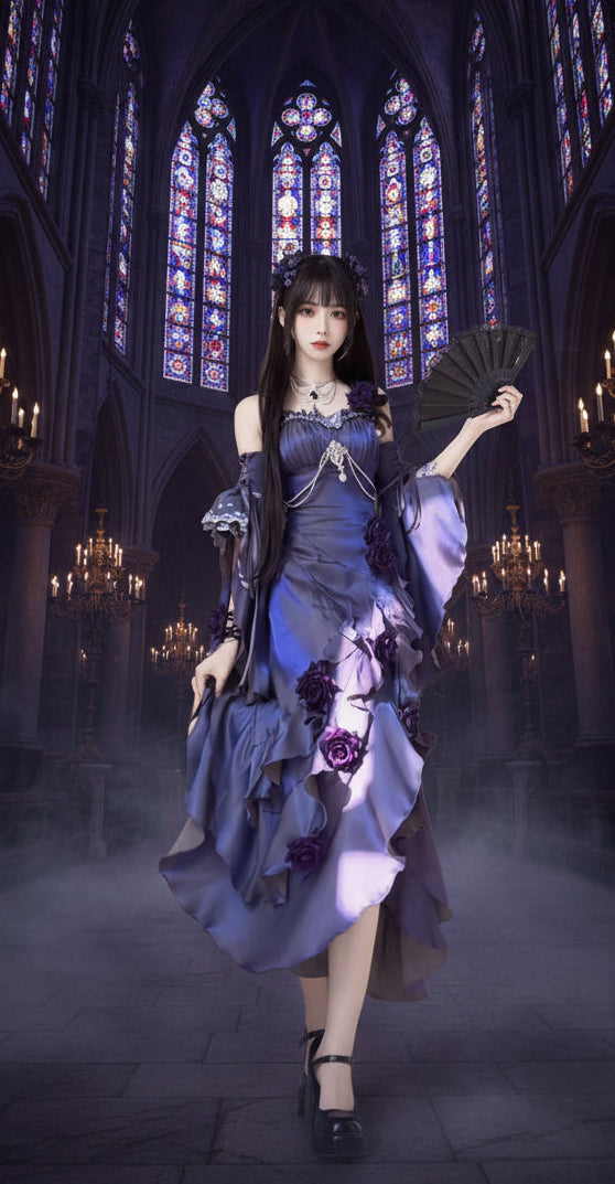 Red Rose Lolita Slimming Long Asymmetrical Fishtail Dress Coven Couture Collective