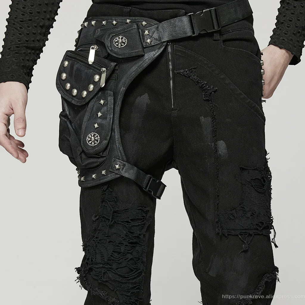 PUNK RAVE Men's Punk Doomsday Irregular Shape Rivets Personalized Bag Webbing Can Adjust Tightness Men Accessories