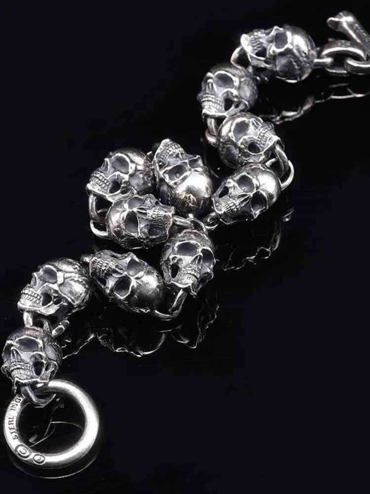 S925 Silver American Garber Style Handmade Skull Motorcycle Hand String Trend Men's and Women's Skeleton Vintage Punk Bracelet