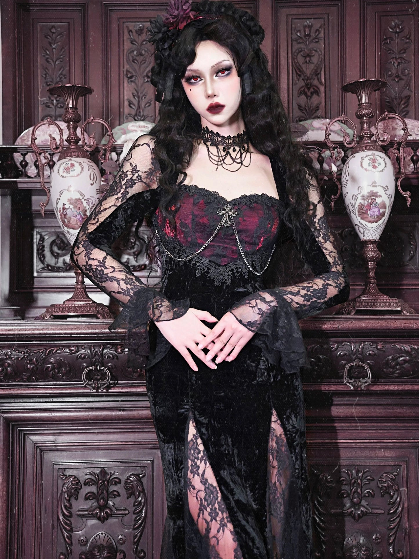Blood Supply Original Gothic Black Velvet Dress Lace Full Sleeve Square Collar Mesh Red Halloween Slim Velvet Trumpet Dresses Coven Couture Collective
