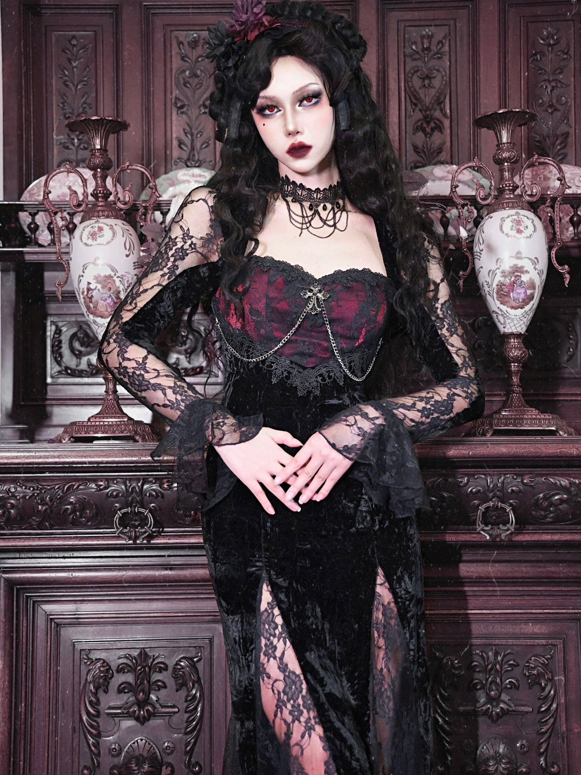 Blood Supply Original Gothic Black Velvet Dress Lace Full Sleeve Square Collar Mesh Red Halloween Slim Velvet Trumpet Dresses Coven Couture Collective