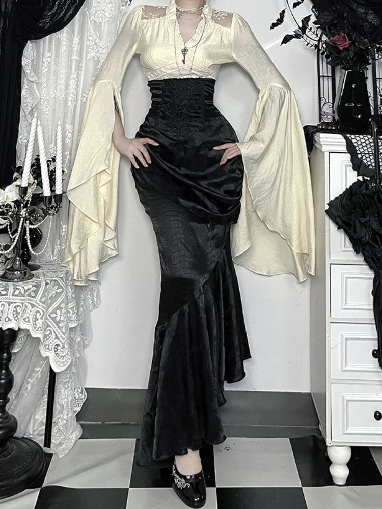 AltGoth Subculture Vintage Gothic Skirt Women Dark Palace Style Y2k E-girl Streetwear Embroidery High Waist Fishtail Skirt Femme