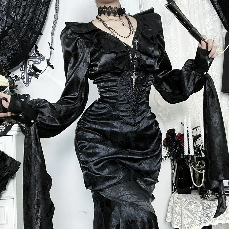 AltGoth Vintage Gothic Black Shirts Women Palace Style Streetwear Y2k E-girl Harajuku V-neck Ruffle Long Sleeve Bluose Cosplay