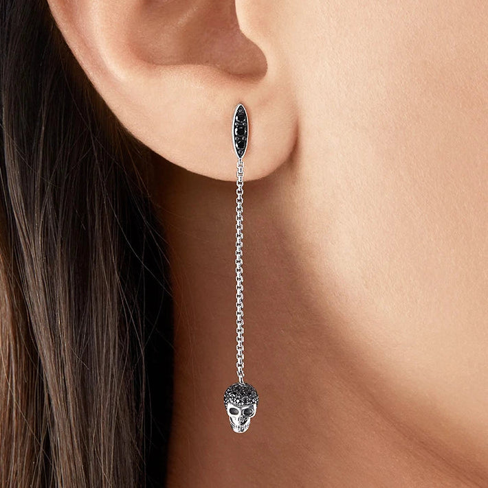 Women's Punk Skull Long Earring with Black Stone 925 Sterling Silver High-Quality Fine Jewellery Eye-Catching Drop Earrings