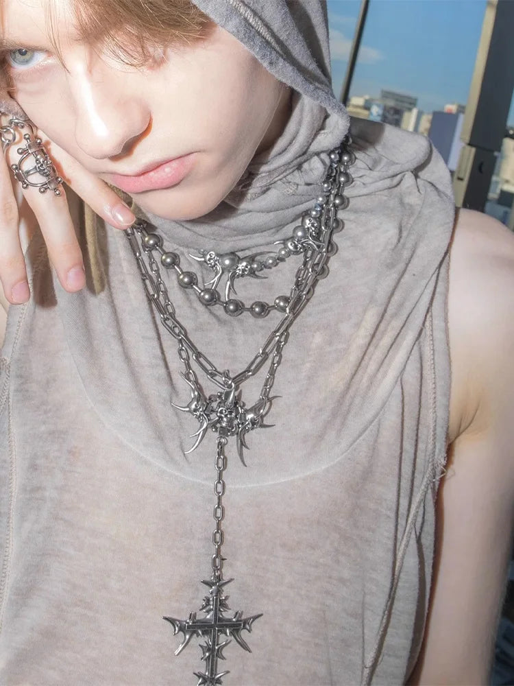 Gothic Cross Chain Jewellery Set for Women Men, Punk Statement Necklaces Rings Accessories, Edgy Party Jewellery Collection