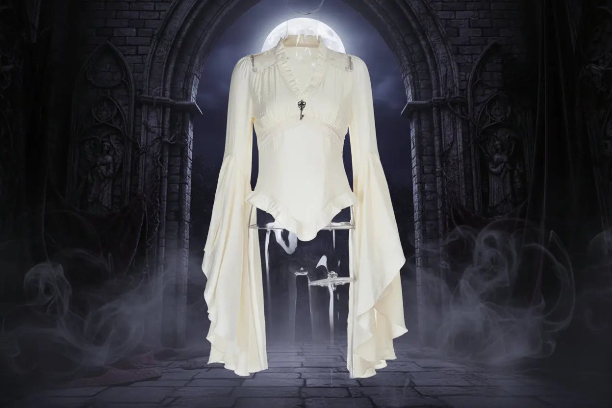 Goth Dark Vintage Fashion Blouses Shirts Women Batwing Sleeve Mall Gothic V-Neck Slim Shirts Tops Embellished Halloween Clothes Coven Couture Collective