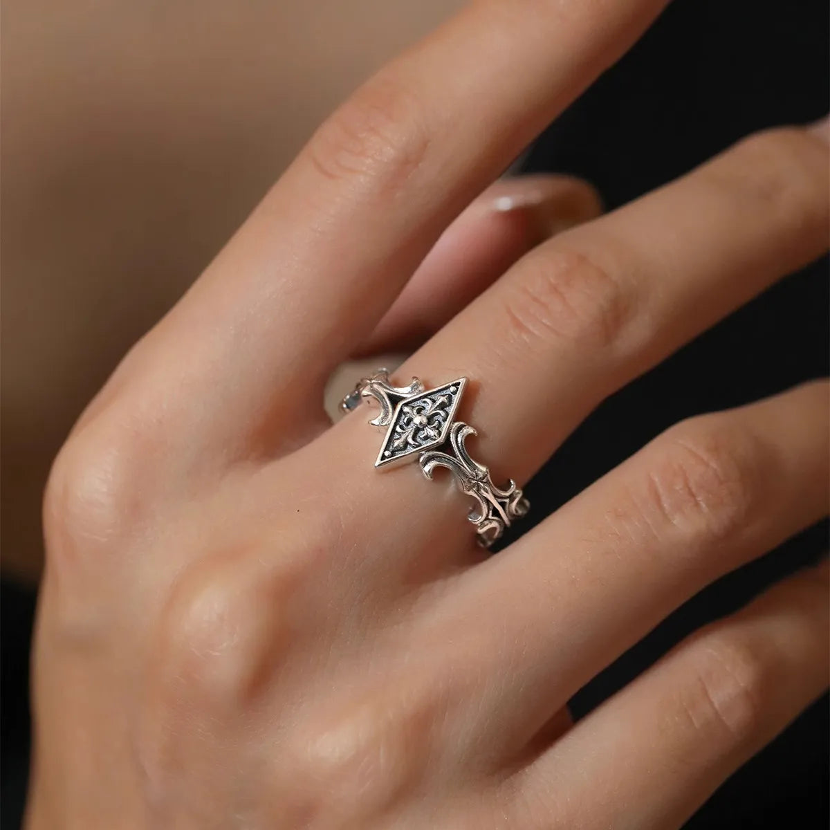 Retro Iris Cross Rhombus Adjustable Open Ring For Men Silver-plated Copper Gothic Punk Edgy Jewelry Unisex Accessories Cool Gift