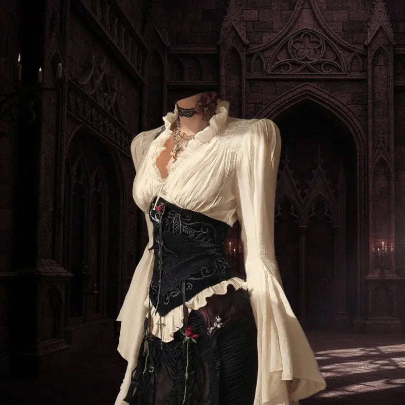 Goth Dark Vintage Fashion Blouses Shirts Women Batwing Sleeve Mall Gothic V-Neck Slim Shirts Tops Embellished Halloween Clothes Coven Couture Collective