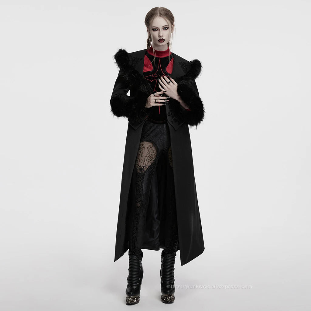 PUNK RAVE Women's Detachable Fur Collar & Hem Two-piece Jacket Gothic Atmosphere Adjustable Waist Long Coat Fall Winter