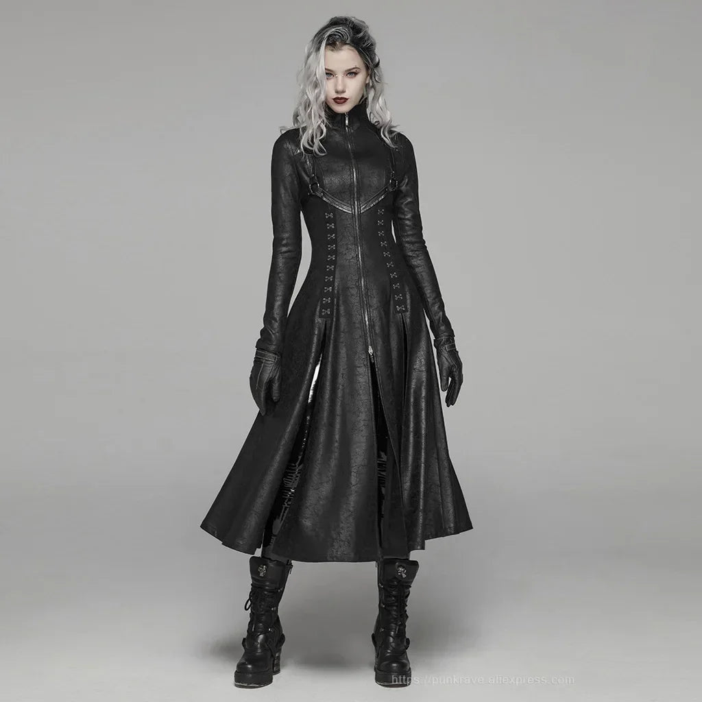 PUNK RAVE Women's Dark Punk Front Zipper Stand Collar Maxi Overcoat Goth Stage Performance Cosplay Womens Trench Long Coats