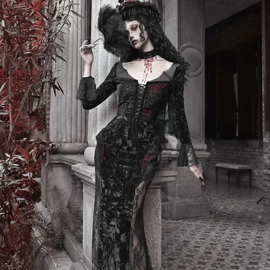 Blood Supply Original Design Vampire Black Red Dress Lace Patch Gothic Velvet Trumpet Long Sleeve X-Long Dress Halloween