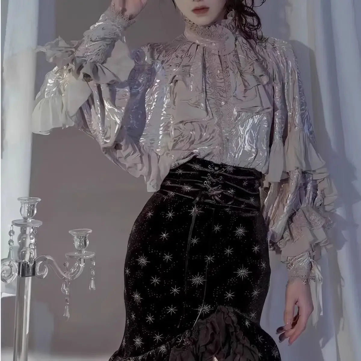 Lolita Gothic Dark Academia Clothes Loose Long Sleeve Shirt Women Stand Collar Ruffles Patchwork Blusas De Mujer