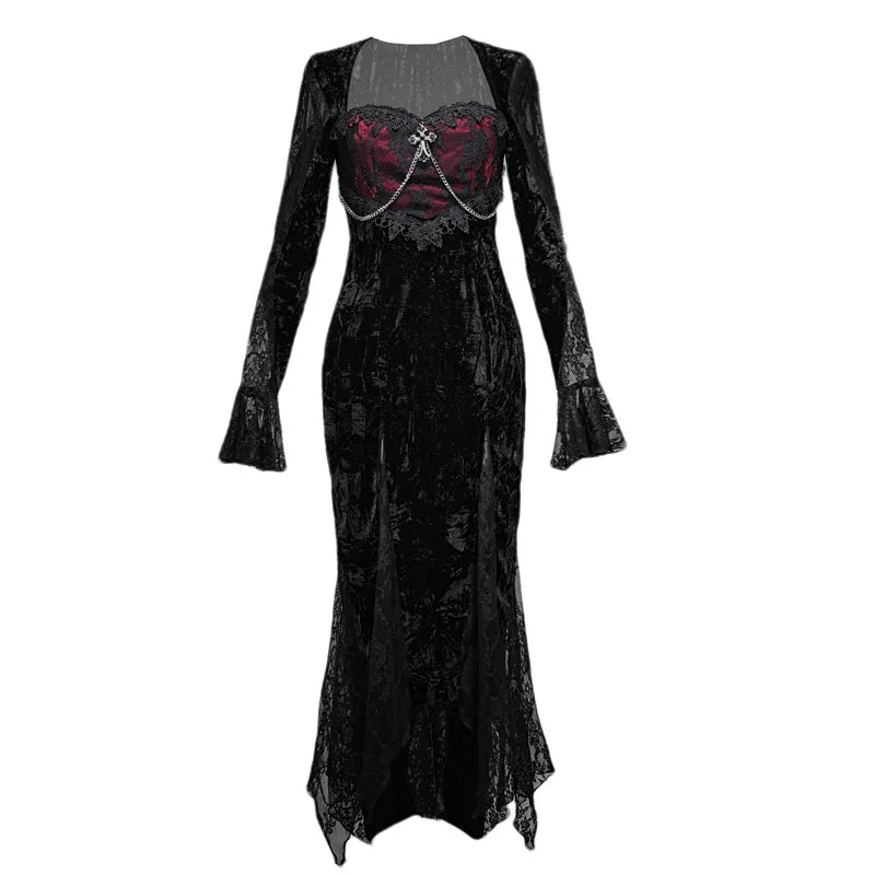 Blood Supply Original Gothic Black Velvet Dress Lace Full Sleeve Square Collar Mesh Red Halloween Slim Velvet Trumpet Dresses Coven Couture Collective