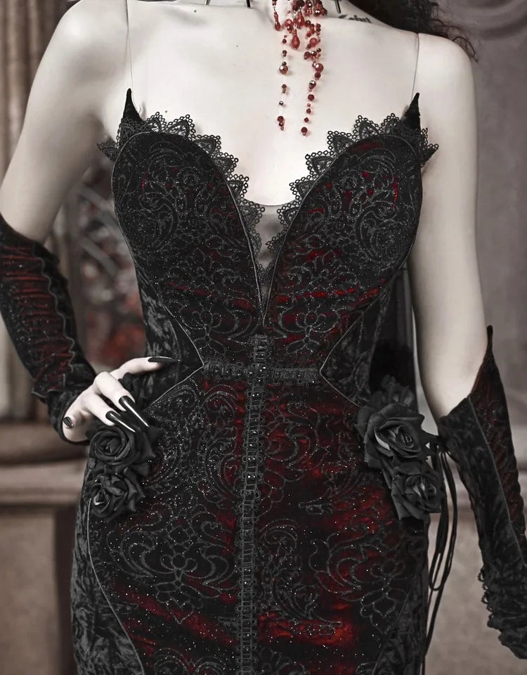 Blood Supply Original Design Vampire Black Red Dress Lace Patch Gothic Velvet Trumpet Sleeveless Sexy X-Long Dress Halloween
