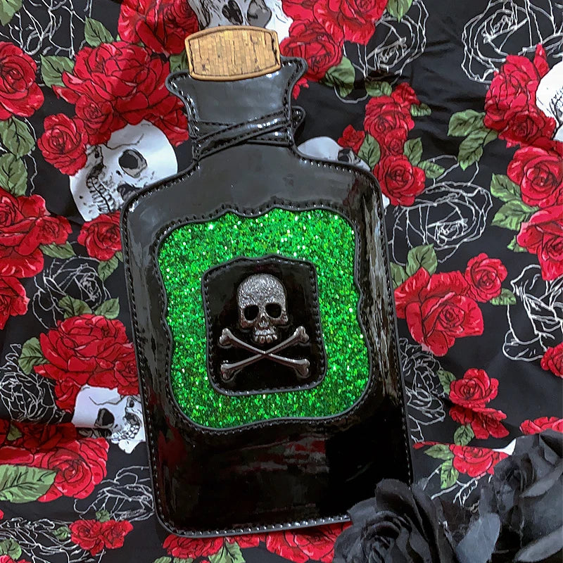 Gothic Kitsch Poison Bottle Shaped Handbag and Purse for Women Dark Lolita Skull Decoration Punk Goth Style Girls Shoulder Bags