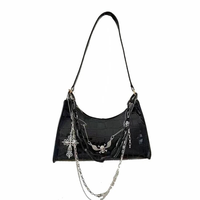 Gothic Dark Punk Underarm Bag With Skull Shoulder Bag Y2k Chain Crocodile Pattern Crossbody Bag Korean Popular Aesthetic Bags
