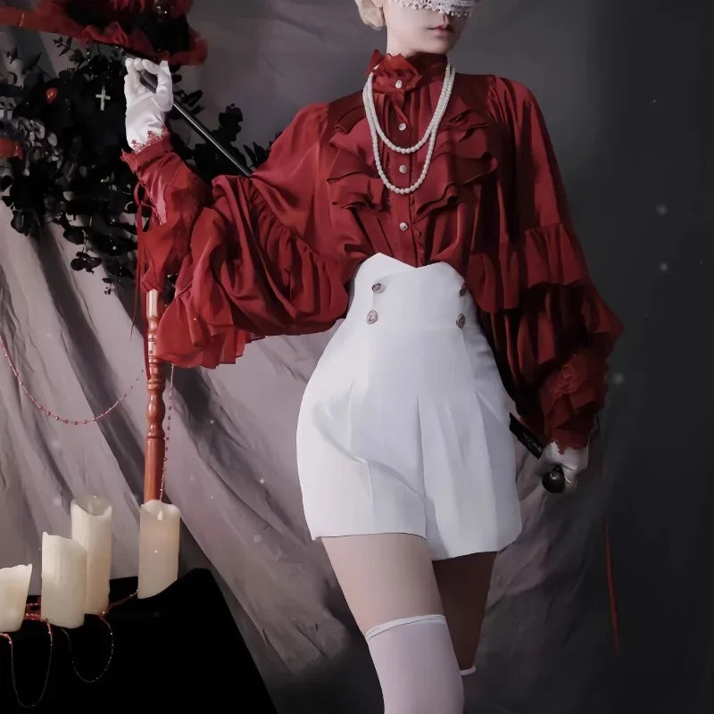 Lolita Gothic Dark Academia Clothes Loose Long Sleeve Shirt Women Stand Collar Ruffles Patchwork Blusas De Mujer