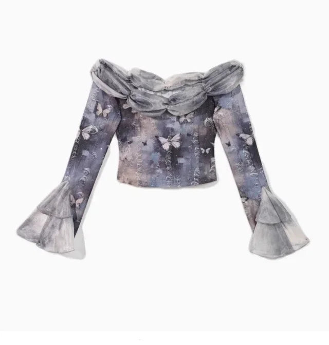 Blood Supply Original Design Goth Chiffon Tie-dye Old Lantern Sleeve Shirt Sexy Fishtail Skirt Two Piece Sets Womens Outifits