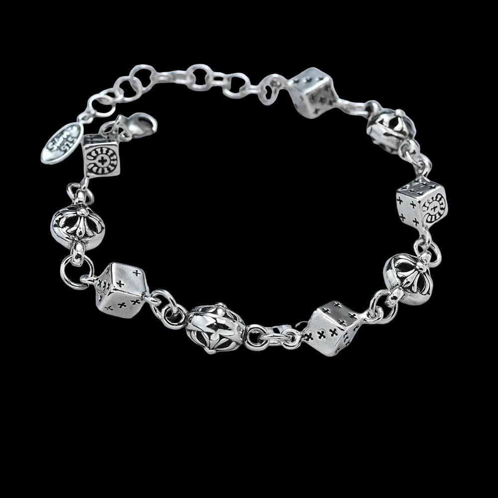 925 Sterling Silver Charm Bracelet – Vintage Dice & Floral Link Design Coven Couture Collective