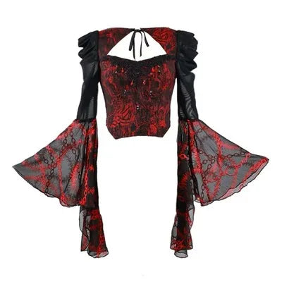 Blood Supply Original Gothic Red Black Rose Embroid Lace Long Flying Sleeve Blouse Hollow Out Halloween Mesh Punk Blusa Summer Coven Couture Collective