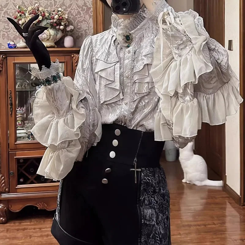 Lolita Gothic Dark Academia Clothes Loose Long Sleeve Shirt Women Stand Collar Ruffles Patchwork Blusas De Mujer