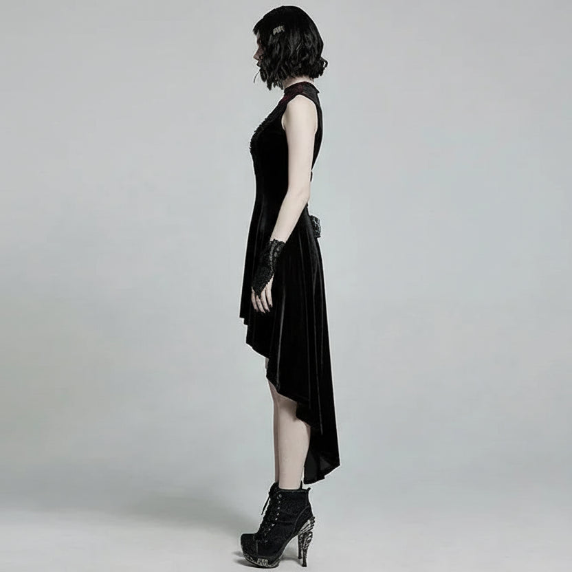 PUNK RAVE Women's Velvet Gothic Gorgeous Retro Irregular Hem Sleeveless Dress in Black or Red