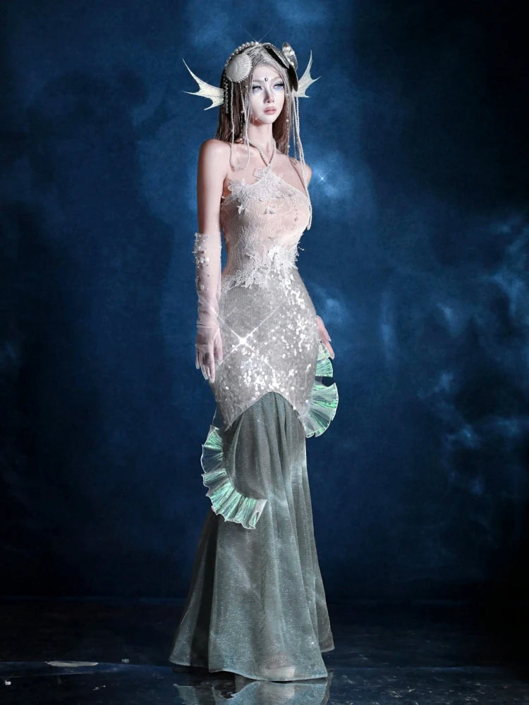 Blood Supply Original Design Siren Mermaid Beach Vocatio Sequins Beading Shiny Vestido Party Trumpet Long Slim Halter Dress