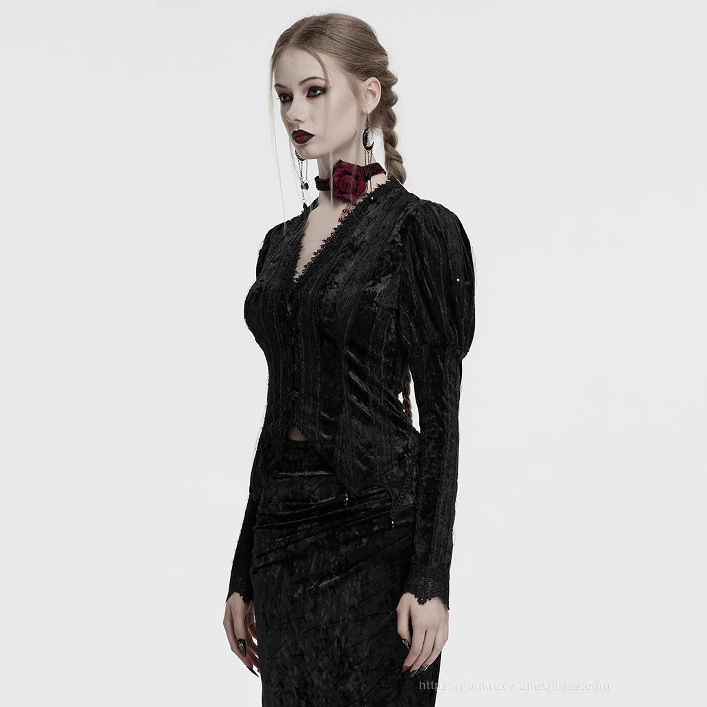 PUNK RAVE Women's Lace Embroidered Velvet Classic Gigot Sleeves Shirt  Retro Layering Adjustable Rope Sexy Slim Tops Coven Couture Collective