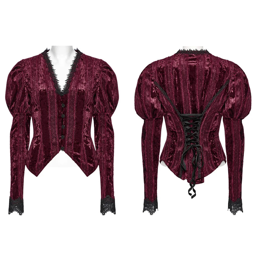 PUNK RAVE Women's Lace Embroidered Velvet Classic Gigot Sleeves Shirt  Retro Layering Adjustable Rope Sexy Slim Tops Coven Couture Collective